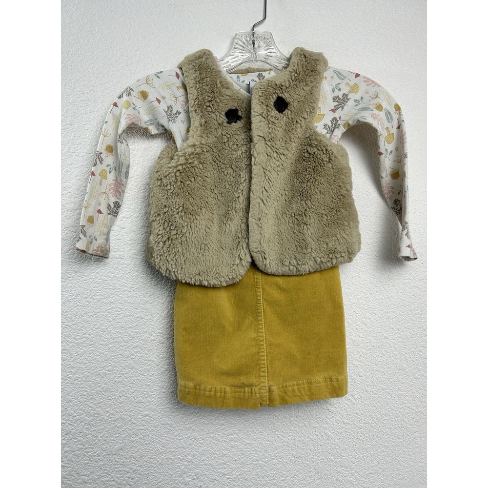 Tahari Kids 3T Corduroy Pinafore Dress‎ & Faux Fur Vest Outfit Set Acorn Print